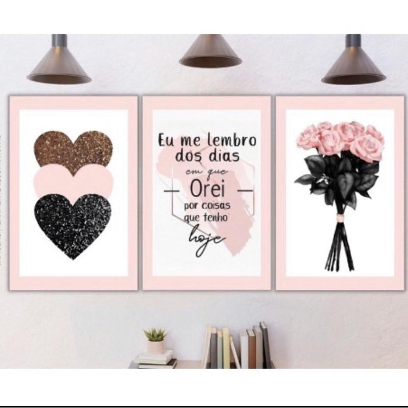 Kit 3 Quadros Decorativos Sala, Quarto, Escritório Decoração Flores, eu me lembro oração, coração rosa