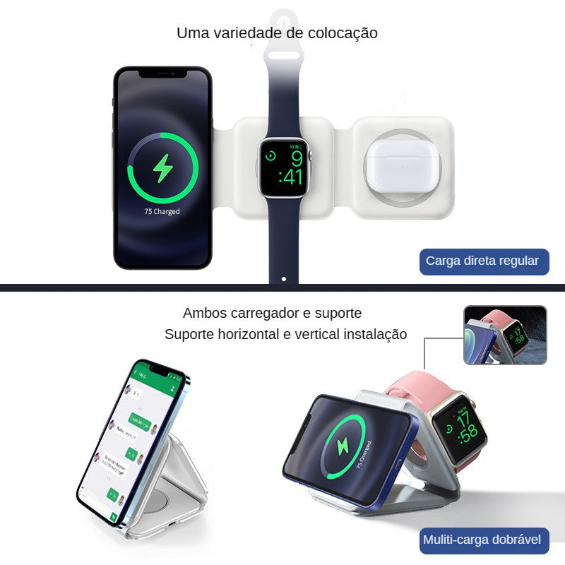 3 em 1 carregador magnético sem fio para Iphone 14promax/13/12/11/Apple Airpods Pro iWatch portátil dobrável