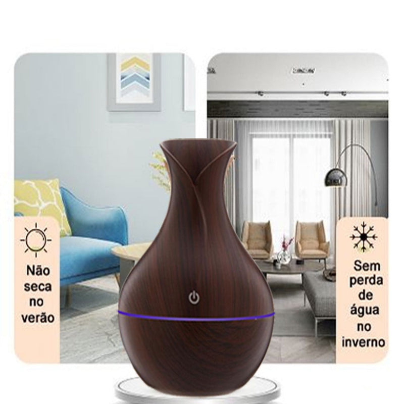 Umidificador Design de Vaso Aromatizador Silencioso textura de Madeira Recarregável com LED SU